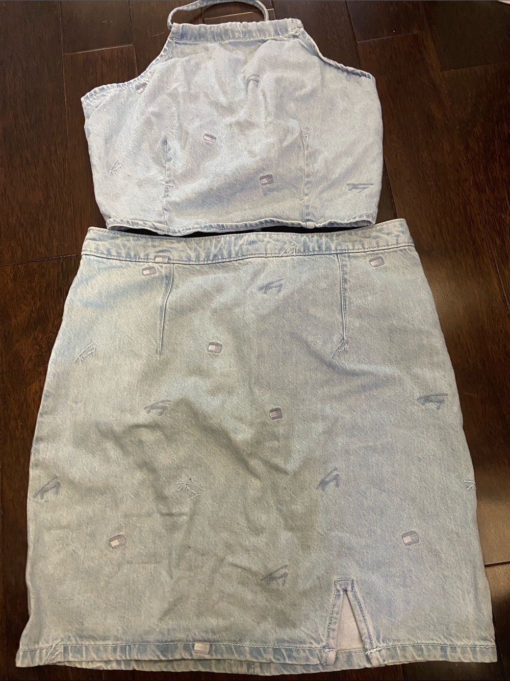 Tommy Hilfiger Light Blue Denim Pencil Skirt with Subtle Embroidery